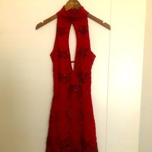 Nurielle red, lace & sequins haute couture cocktail dress. Size 2-4.